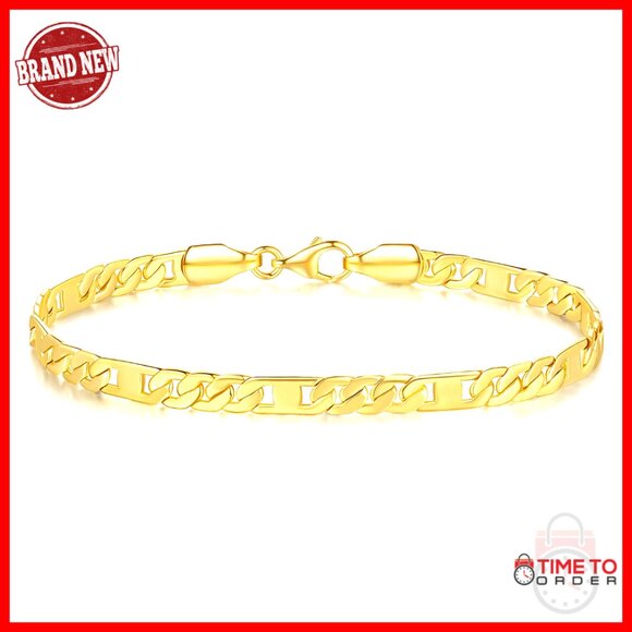 14K Gold Figaro Chain Bracelet Stackable Classic Elegant Minimal Trendy